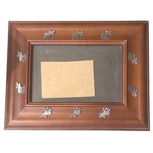VTG 9X7 Brown Wooden Rustic Bull Silver Moose Photo Frame Artwork Vacation Pict